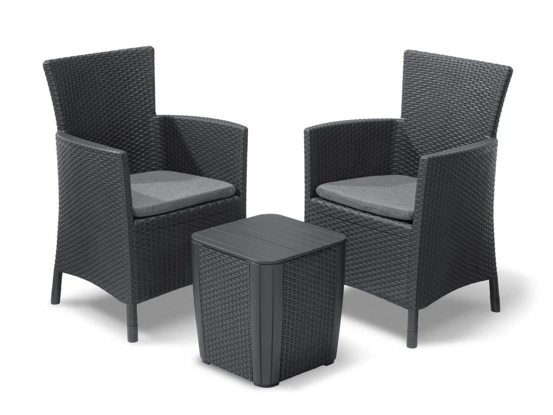 Sillón + Mesa AKTIVE (Negro - Acero, Ratán, Cristal, Poliéster - 60x61x100 cm)