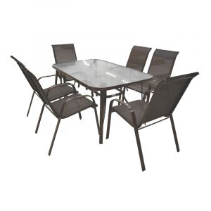 Set de jardín, 7 piezas, negro, café claro o café oscuro, mesa: 90 x 150 x 71cm, 6 sillas: 53 x 73 x 90cm